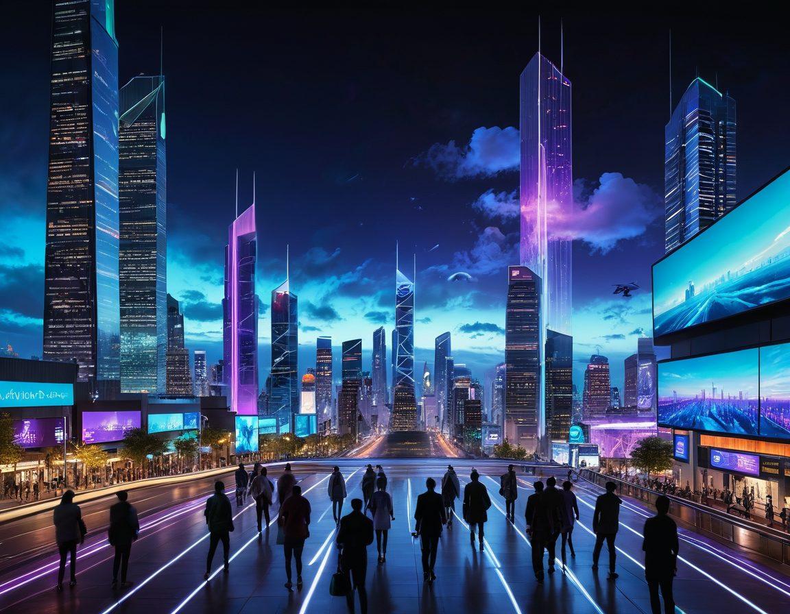 A futuristic city skyline illuminated by neon lights, showcasing diverse smart devices like autonomous drones, connected cars, and interactive billboards. In the foreground, people of various cultures engage with holographic interfaces, illustrating seamless connectivity. The sky is filled with digital clouds symbolizing data flow. The color palette includes vibrant blues, purples, and greens to represent technology. super-realistic. vibrant colors.