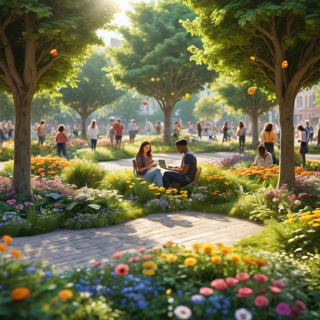 A vibrant and dynamic image showcasing various people joyfully connecting to the internet through wireless devices in a colorful urban park. Include bright emojis floating around representing different online activities like streaming, gaming, and social media. Incorporate elements of nature and technology merging seamlessly, with radiant sunlight filtering through trees. super-realistic. vibrant colors. 3D.