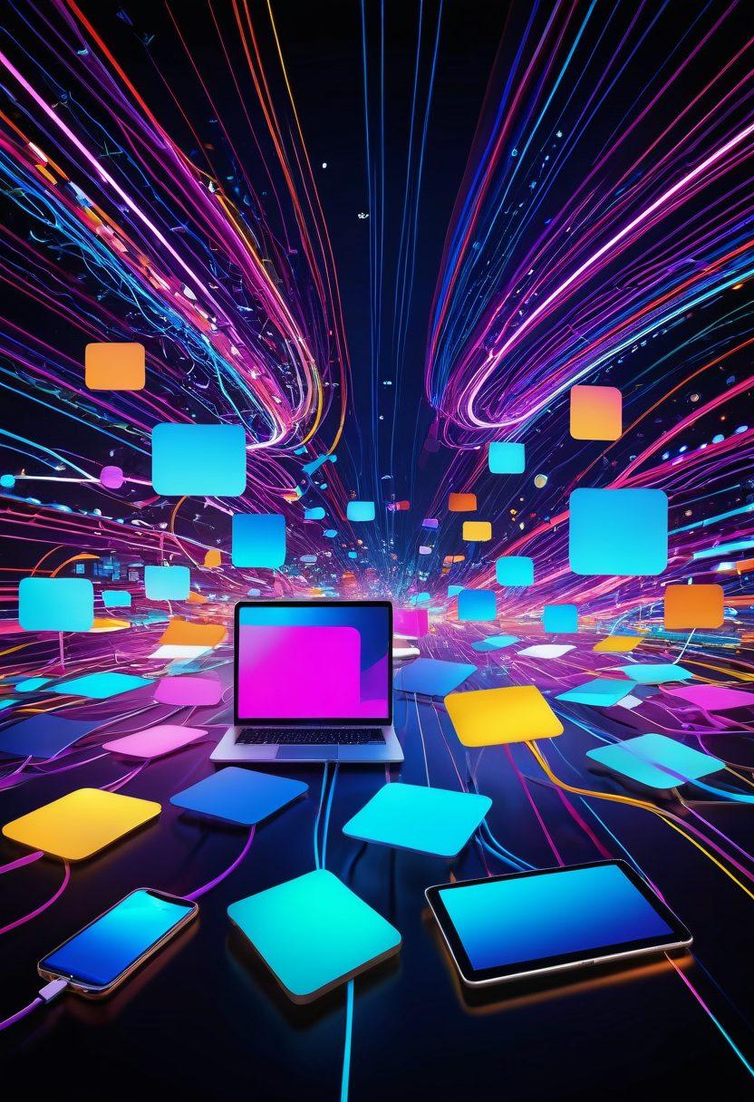 A vibrant and cheerful digital landscape filled with interconnected devices like smartphones, tablets, and laptops, all glowing with colorful light. Flowing lines symbolize seamless connectivity between them, with smiling faces and joyful expressions representing user satisfaction. The background features abstract shapes and bright colors to emphasize a lively atmosphere. futuristic elements to highlight innovation. vibrant colors. super-realistic.
